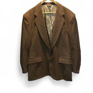 Men’s Sportscoat 100% Wool Vintage Brown Tweed Double Breast 44 L P-P 23 L 32